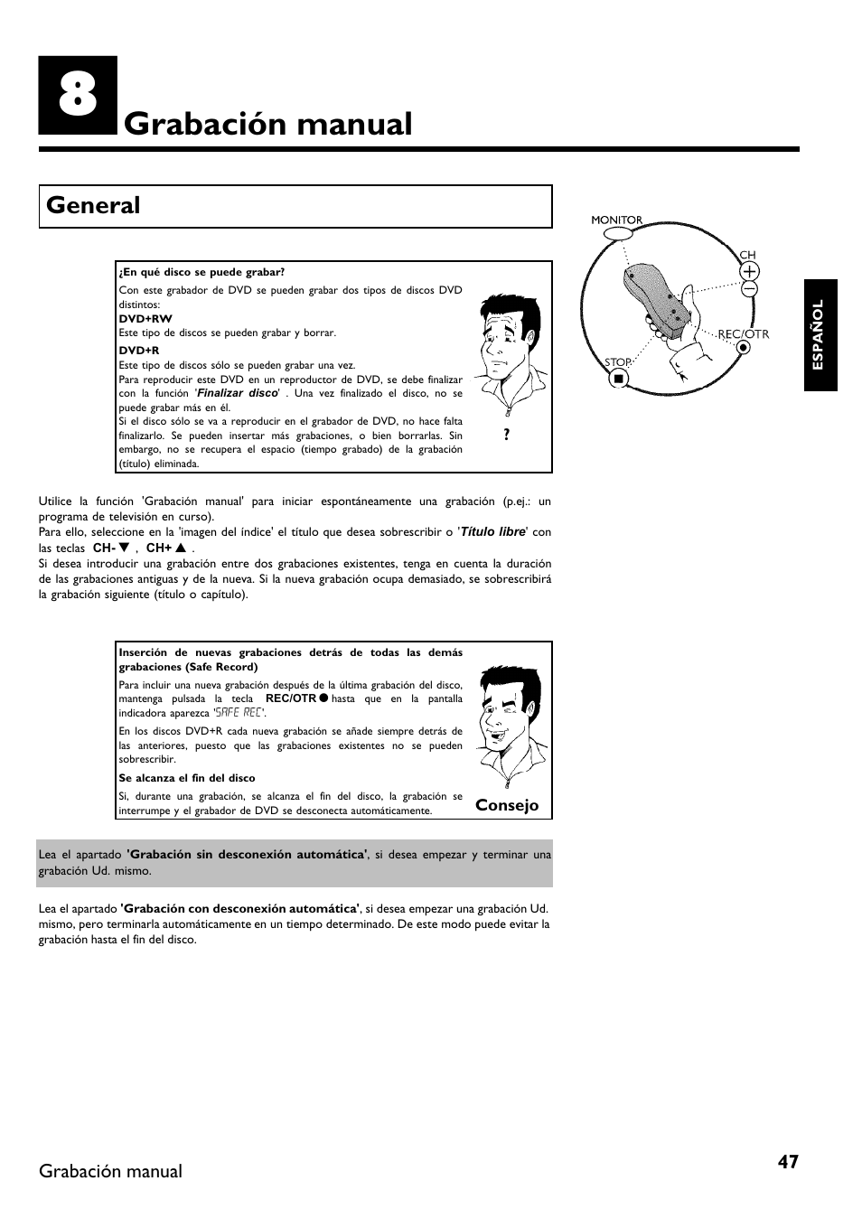 Grabación manual, General | Philips DVDR615-17 User Manual | Page 153 / 192