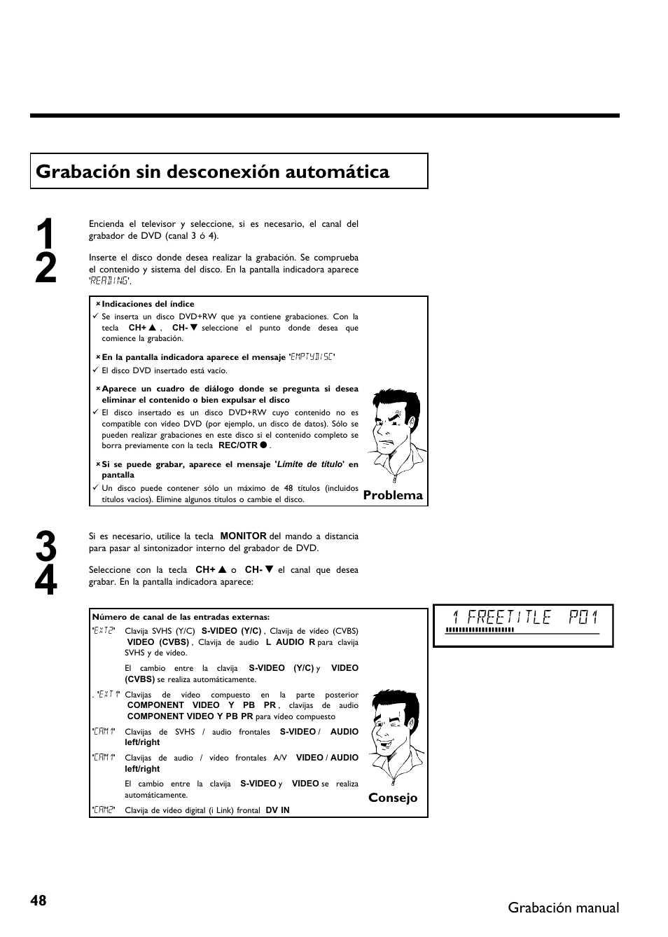 Grabación sin desconexión automática, 1 freetitle p01, Grabación manual | Philips DVDR615-17 User Manual | Page 154 / 192