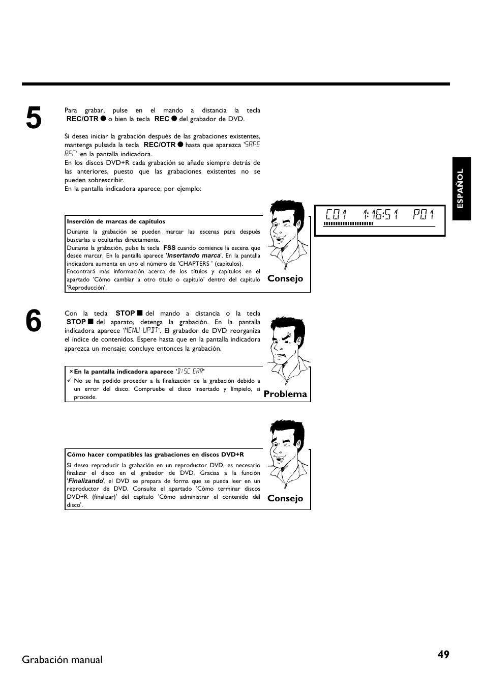 Grabación manual | Philips DVDR615-17 User Manual | Page 155 / 192