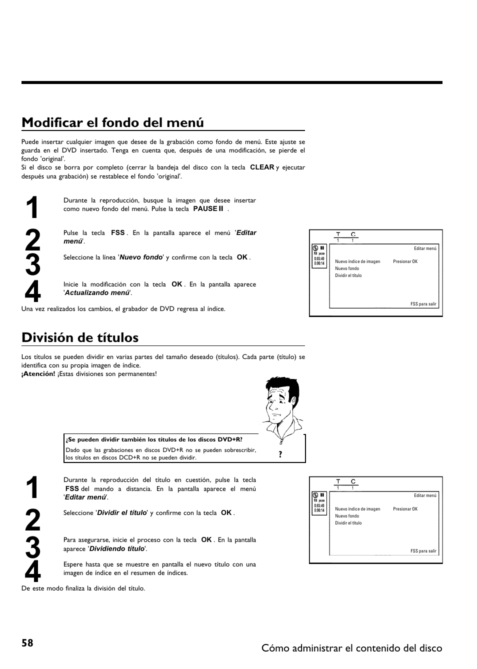 Modificar el fondo del menú, División de títulos | Philips DVDR615-17 User Manual | Page 164 / 192
