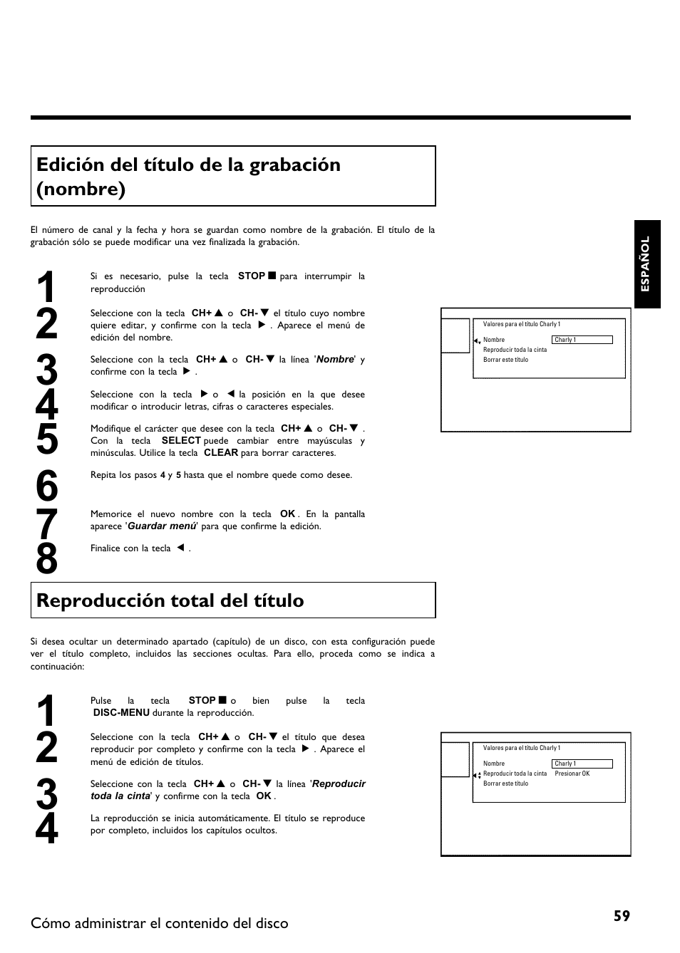 Edición del título de la grabación (nombre), Reproducción total del título | Philips DVDR615-17 User Manual | Page 165 / 192