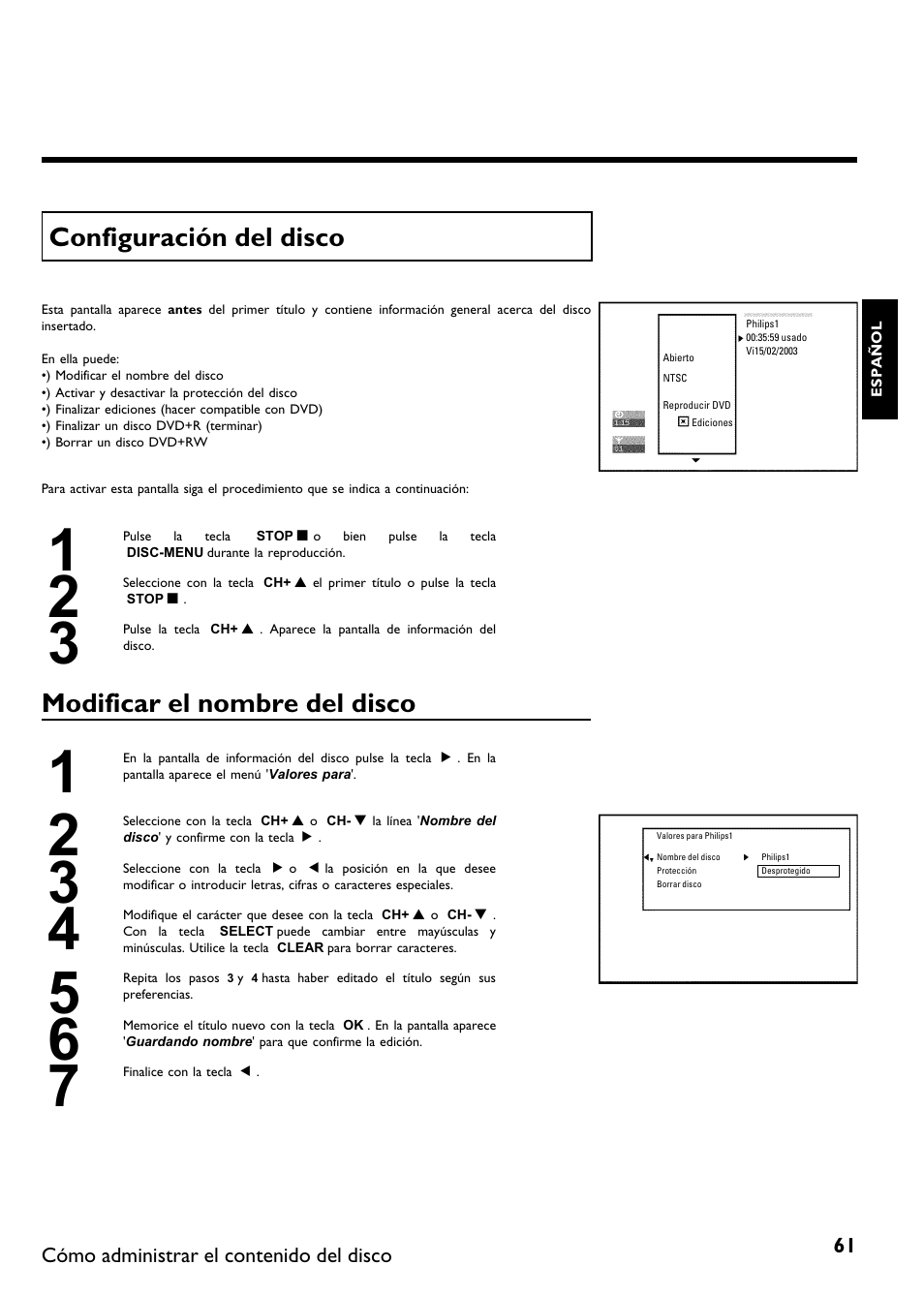 Configuración del disco, Modificar el nombre del disco | Philips DVDR615-17 User Manual | Page 167 / 192