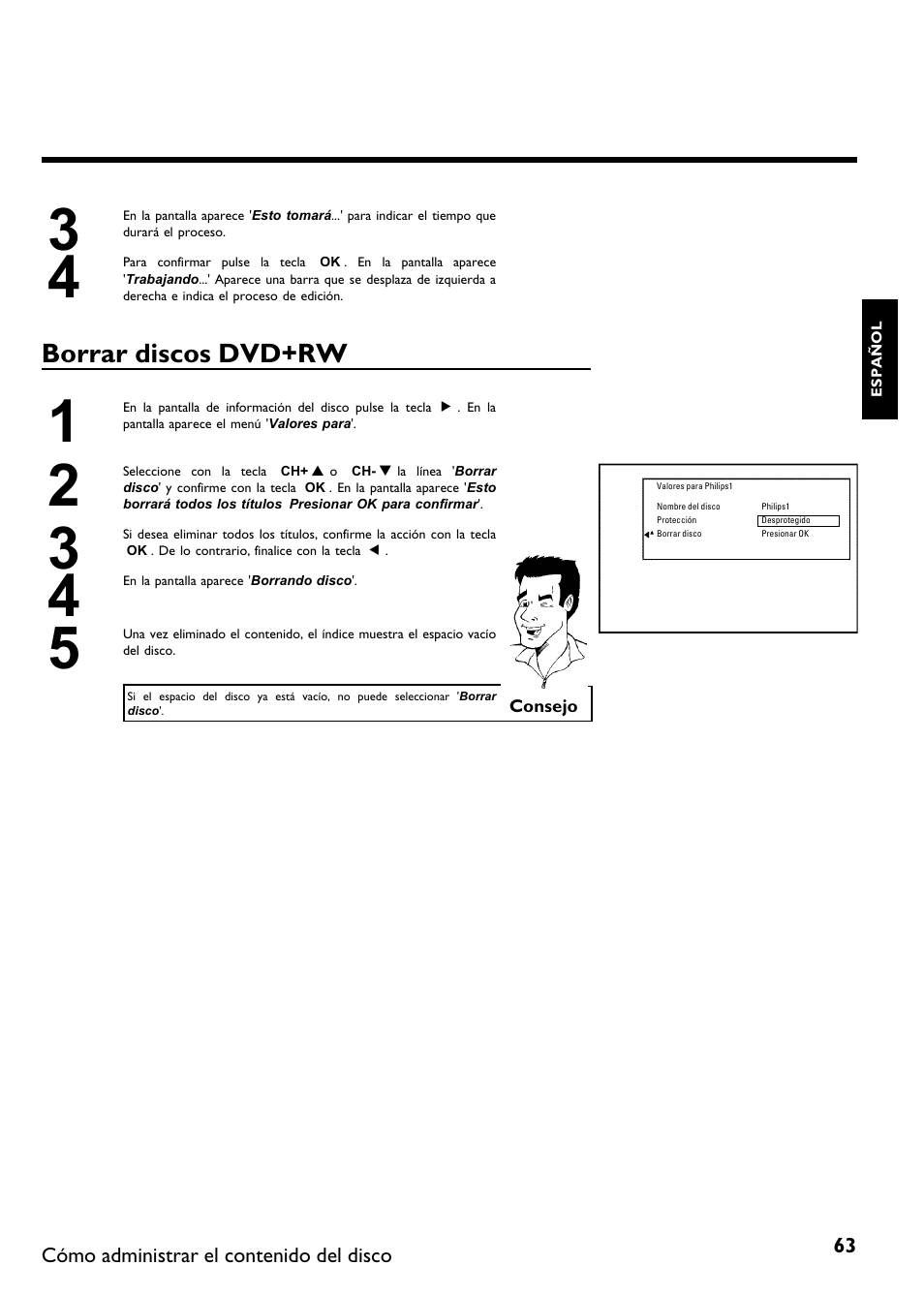 Borrar discos dvd+rw | Philips DVDR615-17 User Manual | Page 169 / 192