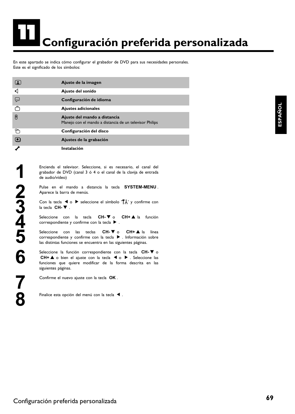 Configuración preferida personalizada | Philips DVDR615-17 User Manual | Page 175 / 192