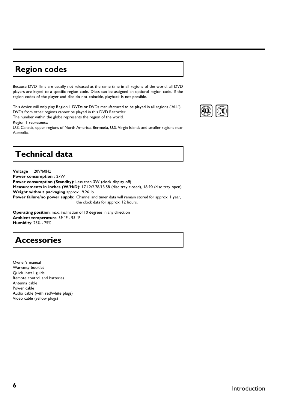 Region codes, Technical data, Accessories | Philips DVDR615-17 User Manual | Page 18 / 192