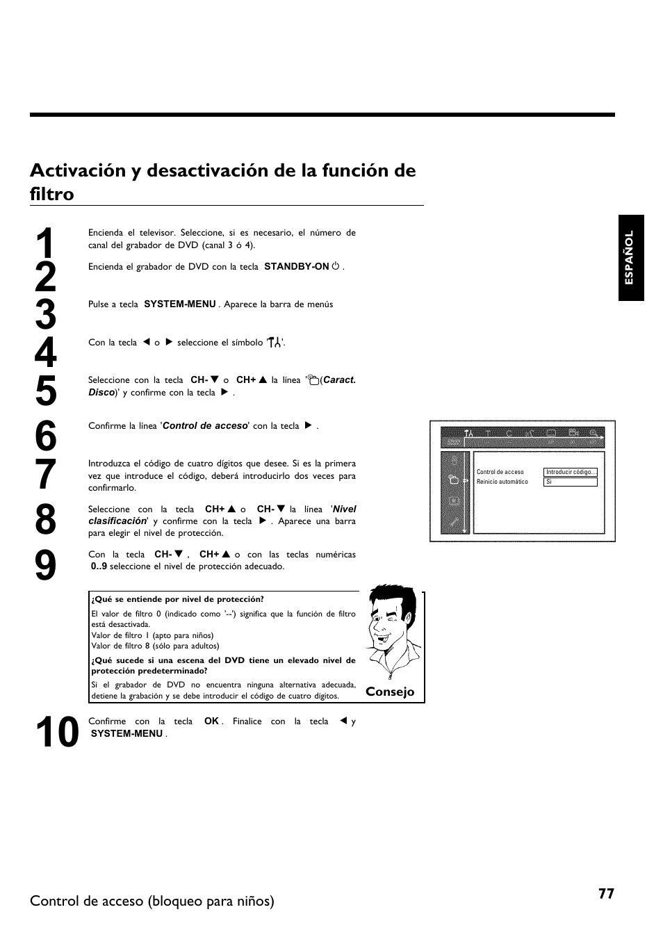 Activación y desactivación de la función de filtro | Philips DVDR615-17 User Manual | Page 183 / 192