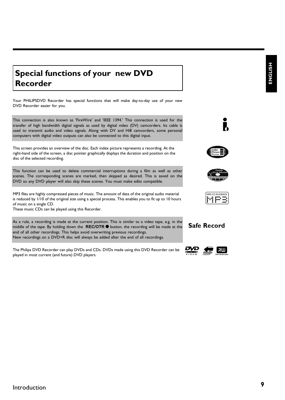 Special functions of your new dvd recorder, Introduction | Philips DVDR615-17 User Manual | Page 21 / 192