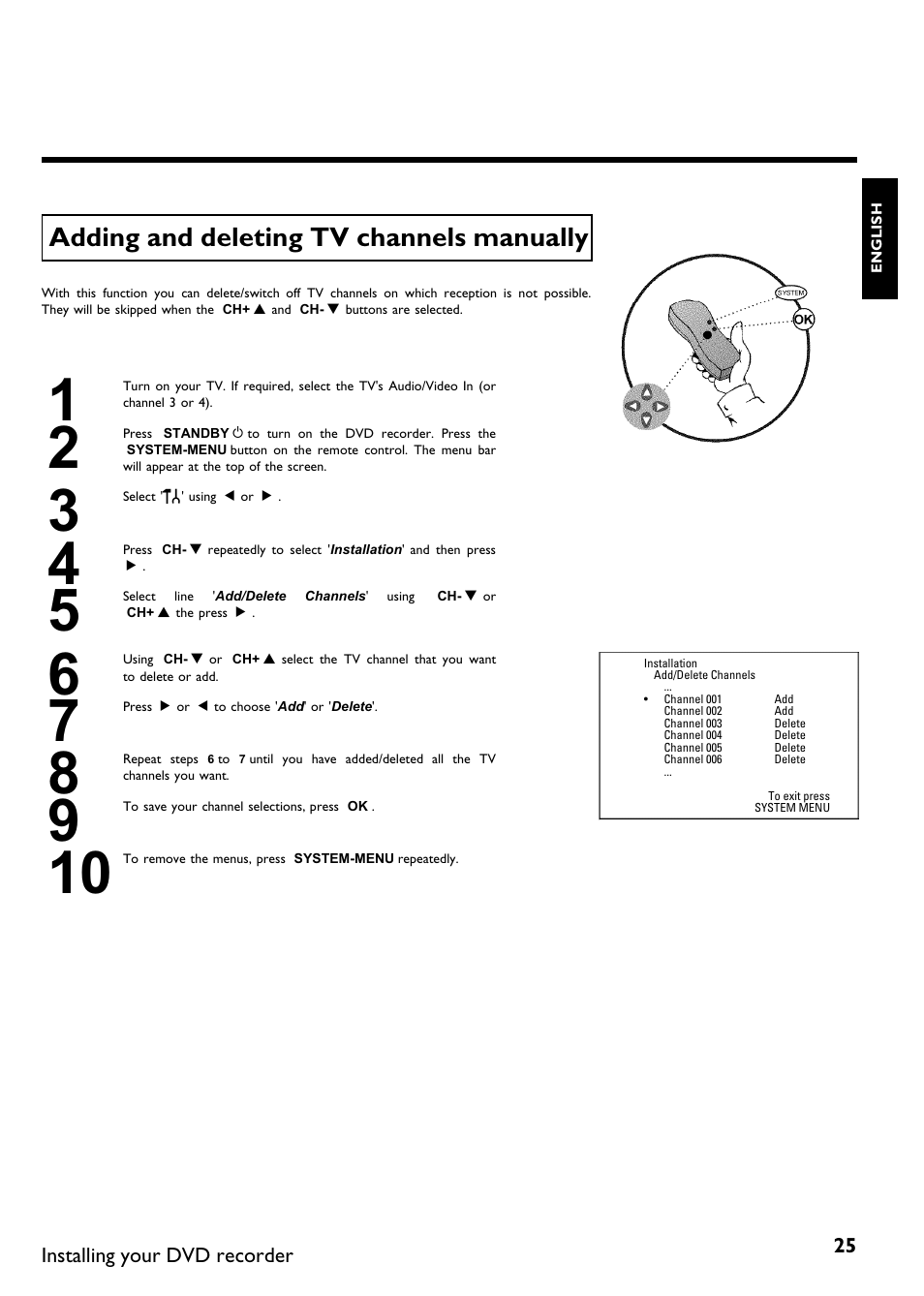 Adding and deleting tv channels manually | Philips DVDR615-17 User Manual | Page 37 / 192
