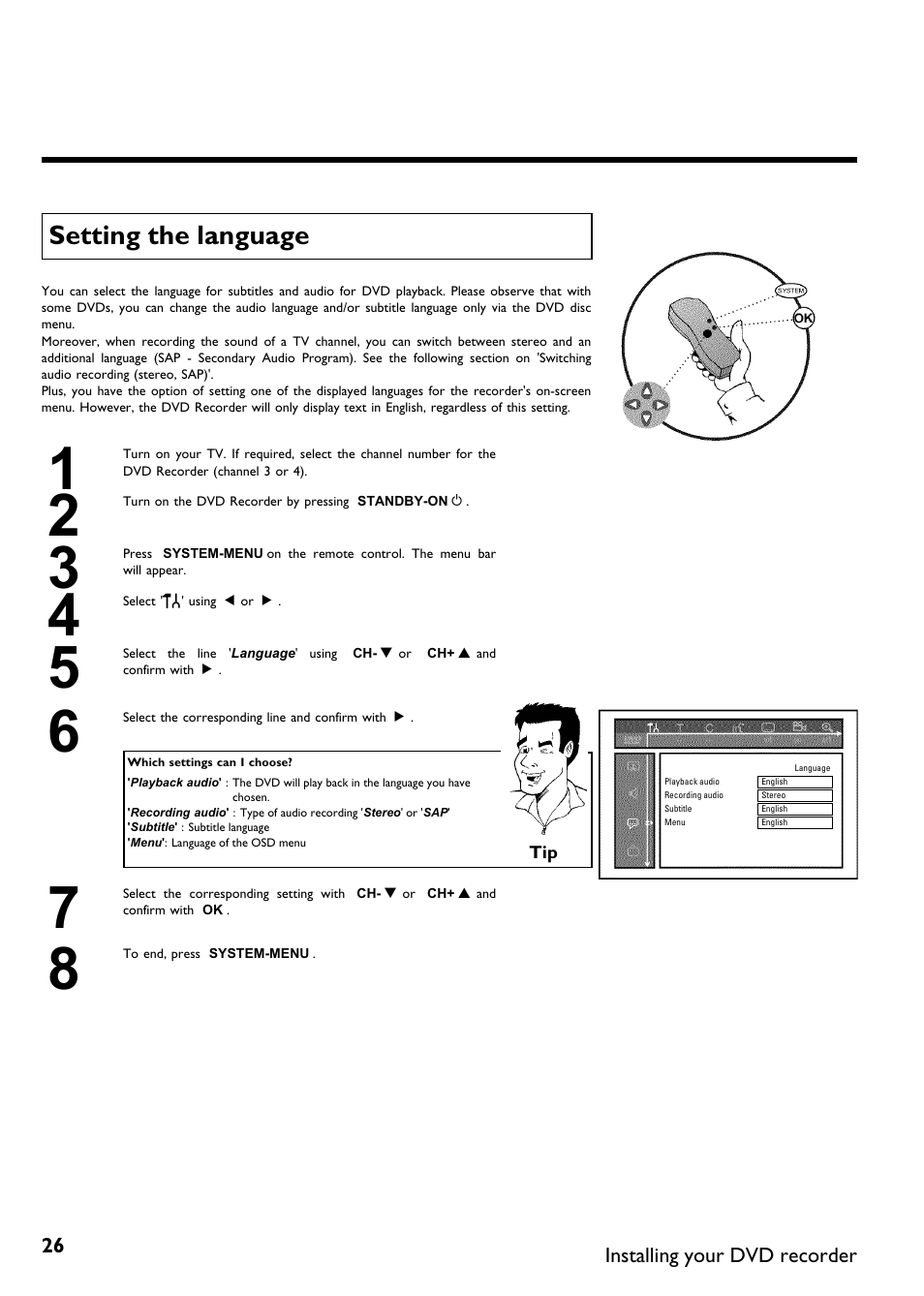 Setting the language | Philips DVDR615-17 User Manual | Page 38 / 192