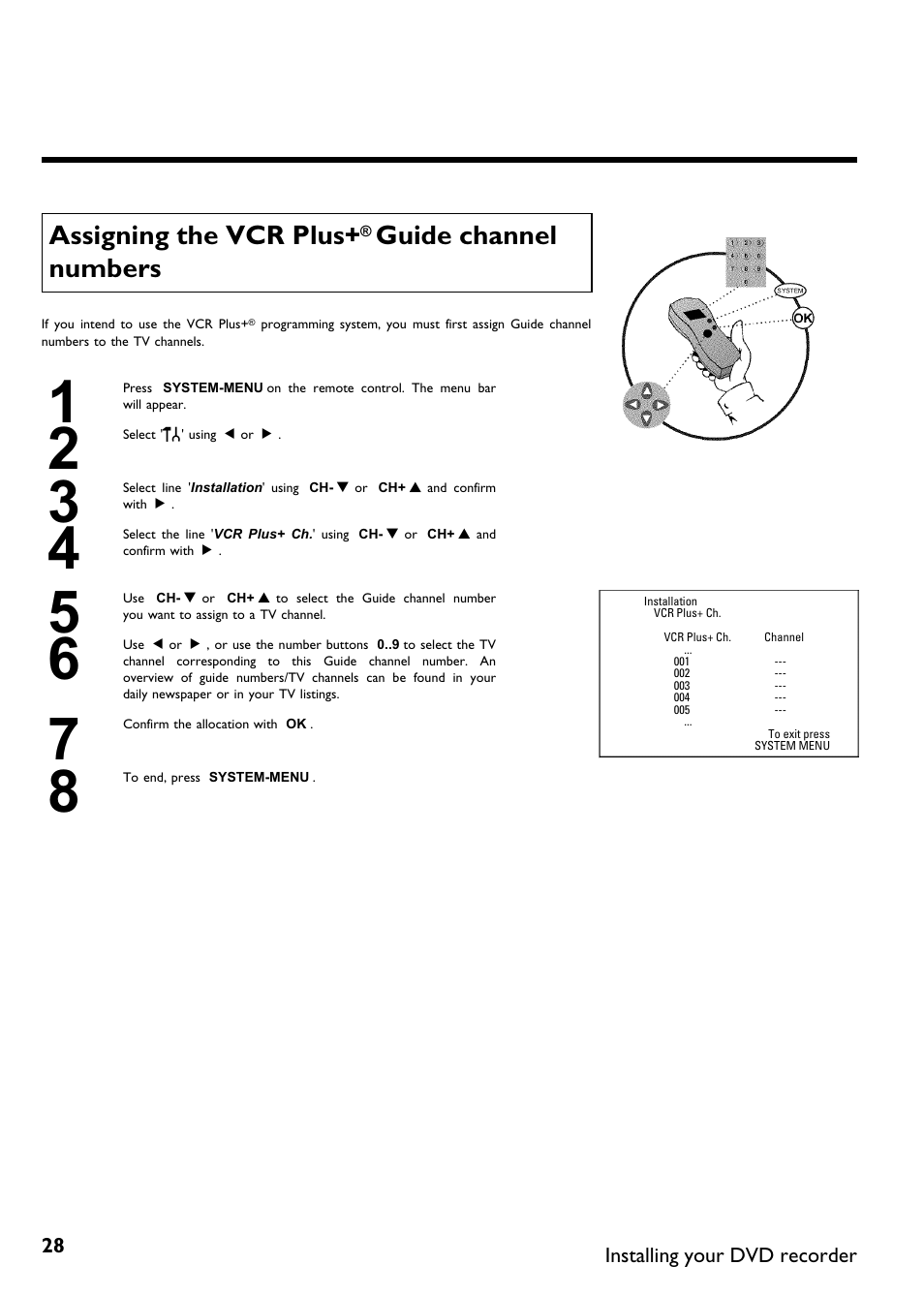 Assigning the vcr plus, Guide channel numbers | Philips DVDR615-17 User Manual | Page 40 / 192