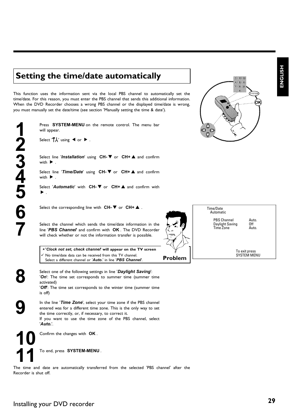 Setting the time/date automatically | Philips DVDR615-17 User Manual | Page 41 / 192