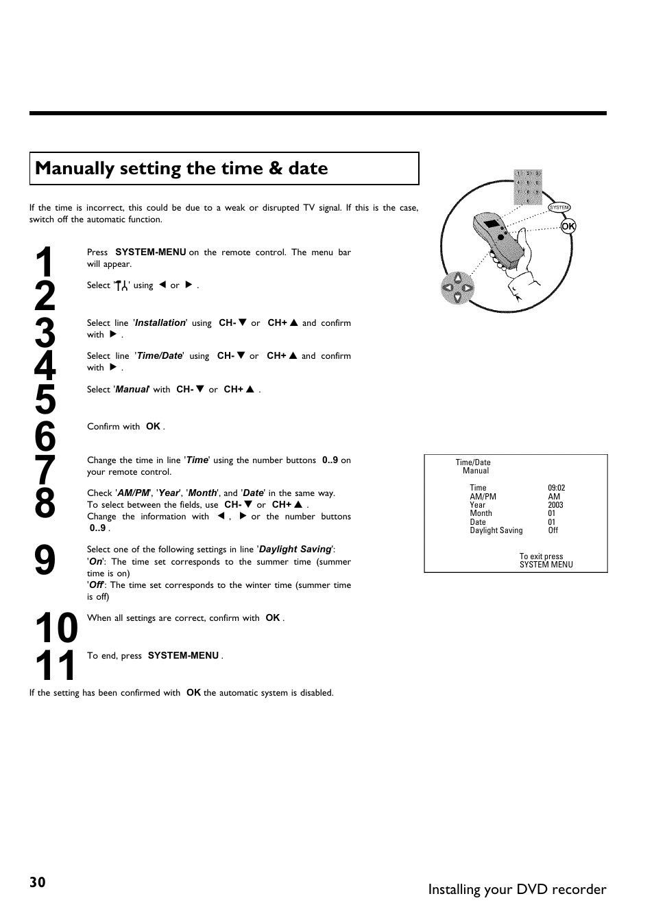 Manually setting the time & date | Philips DVDR615-17 User Manual | Page 42 / 192