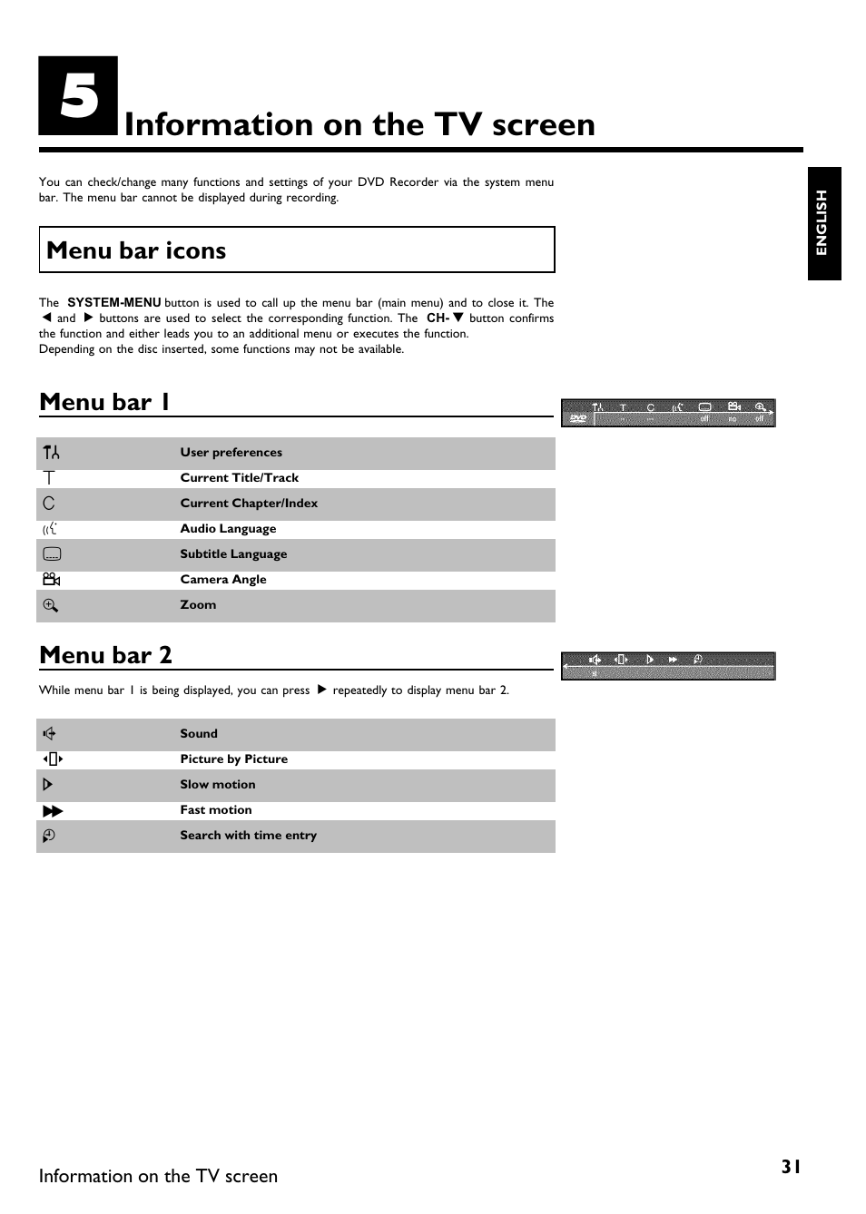 Information on the tv screen, Menu bar icons, Menu bar 1 | Menu bar 2 | Philips DVDR615-17 User Manual | Page 43 / 192