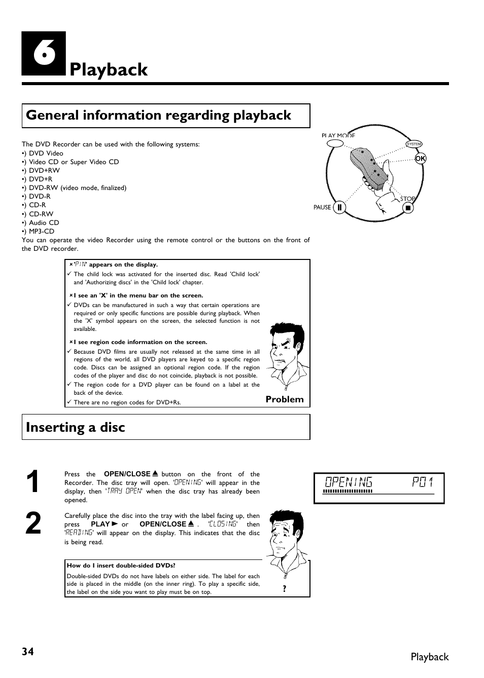 Playback, General information regarding playback, Inserting a disc | Opening p01 | Philips DVDR615-17 User Manual | Page 46 / 192