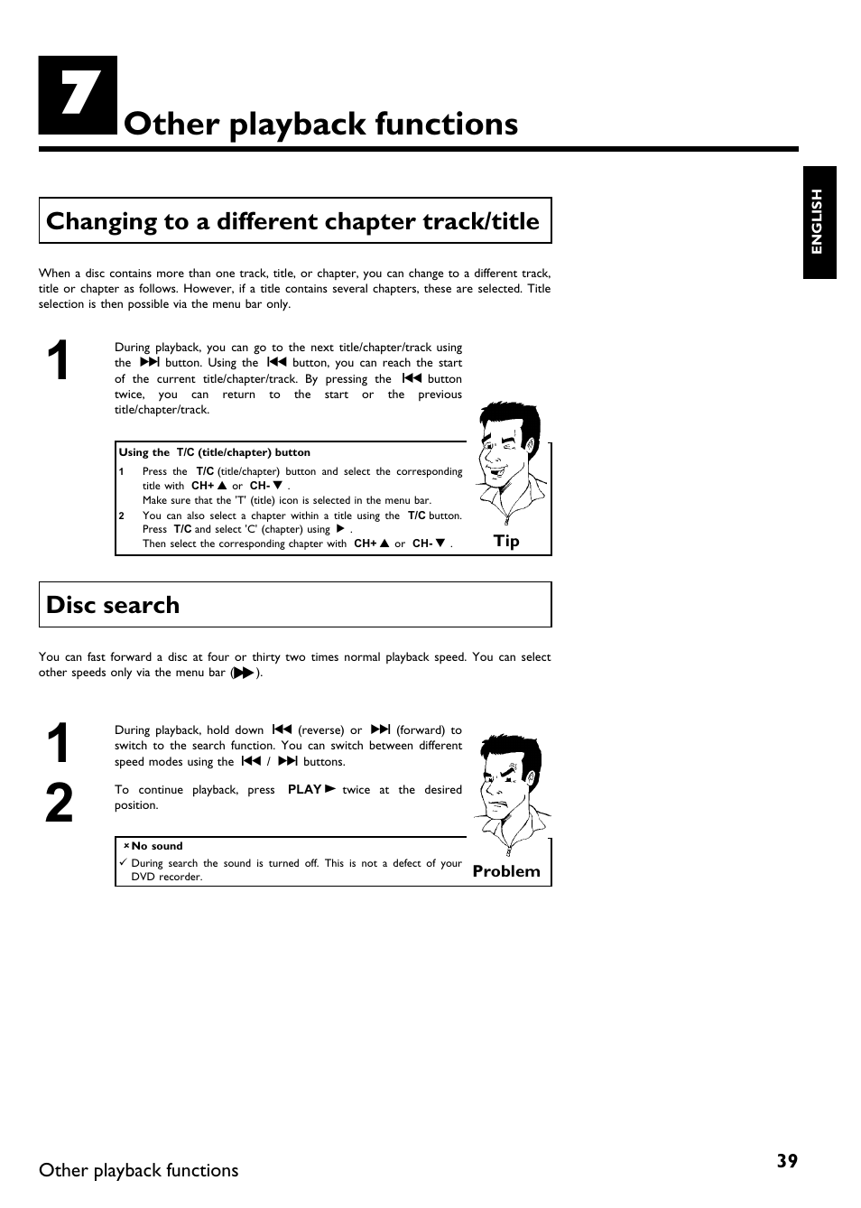 Other playback functions, Changing to a different chapter track/title, Disc search | Philips DVDR615-17 User Manual | Page 51 / 192
