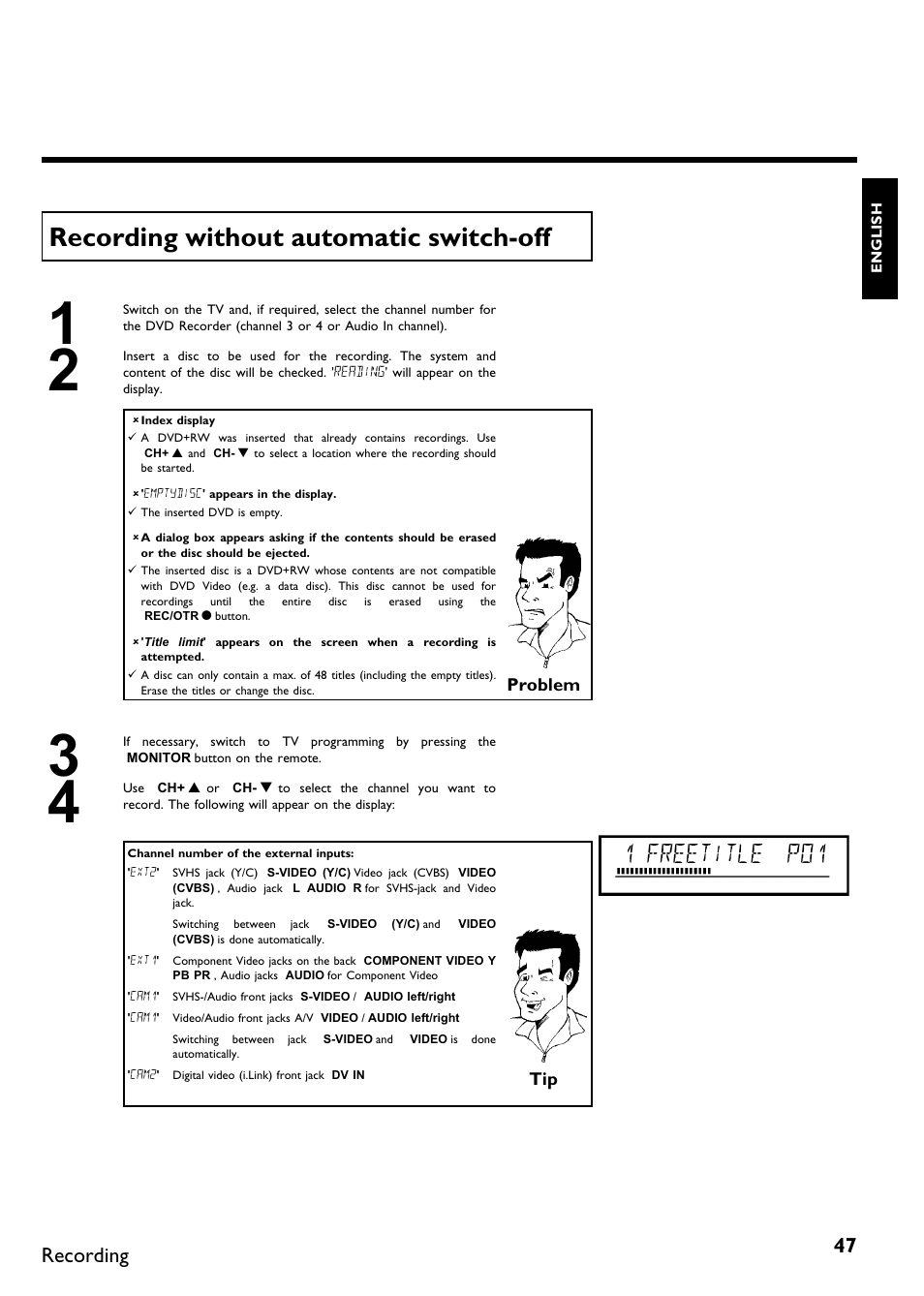 Recording without automatic switch off, 1 freetitle p01, Recording | Philips DVDR615-17 User Manual | Page 59 / 192