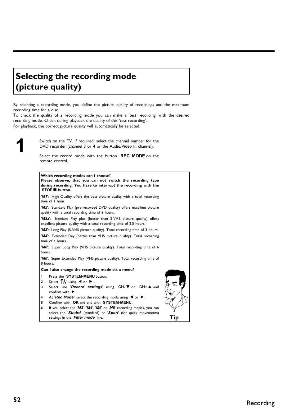 Selecting the recording mode (picture quality), Recording | Philips DVDR615-17 User Manual | Page 64 / 192