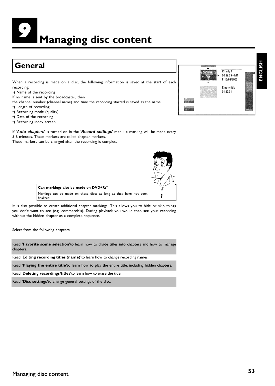 Managing disc content, General | Philips DVDR615-17 User Manual | Page 65 / 192