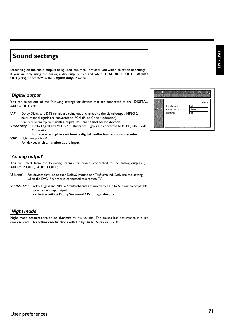 Sound settings, User preferences, Digital output | Analog output, Night mode | Philips DVDR615-17 User Manual | Page 83 / 192