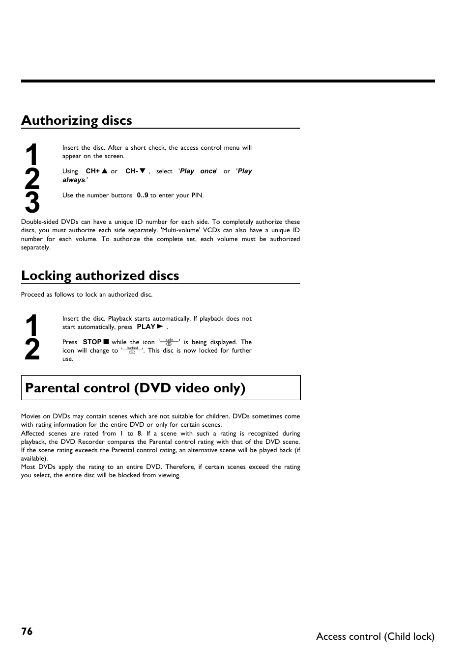 Authorizing discs, Locking authorized discs, Parental control (dvd video only) | Philips DVDR615-17 User Manual | Page 88 / 192