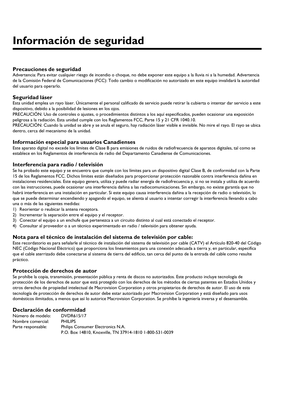 Información de seguridad | Philips DVDR615-17 User Manual | Page 98 / 192