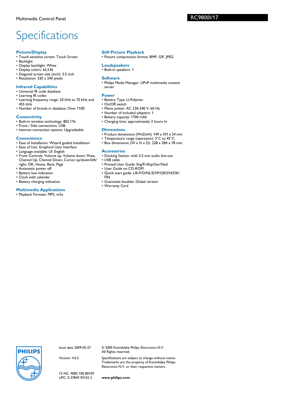 Specifications | Philips Multimedia Control Panel User Manual | Page 3 / 3