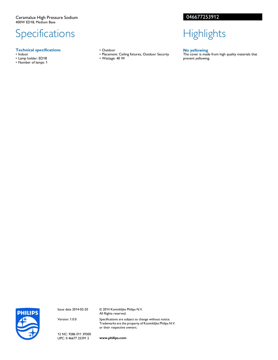 Specifications, Highlights | Philips 046677253912 User Manual | Page 2 / 2
