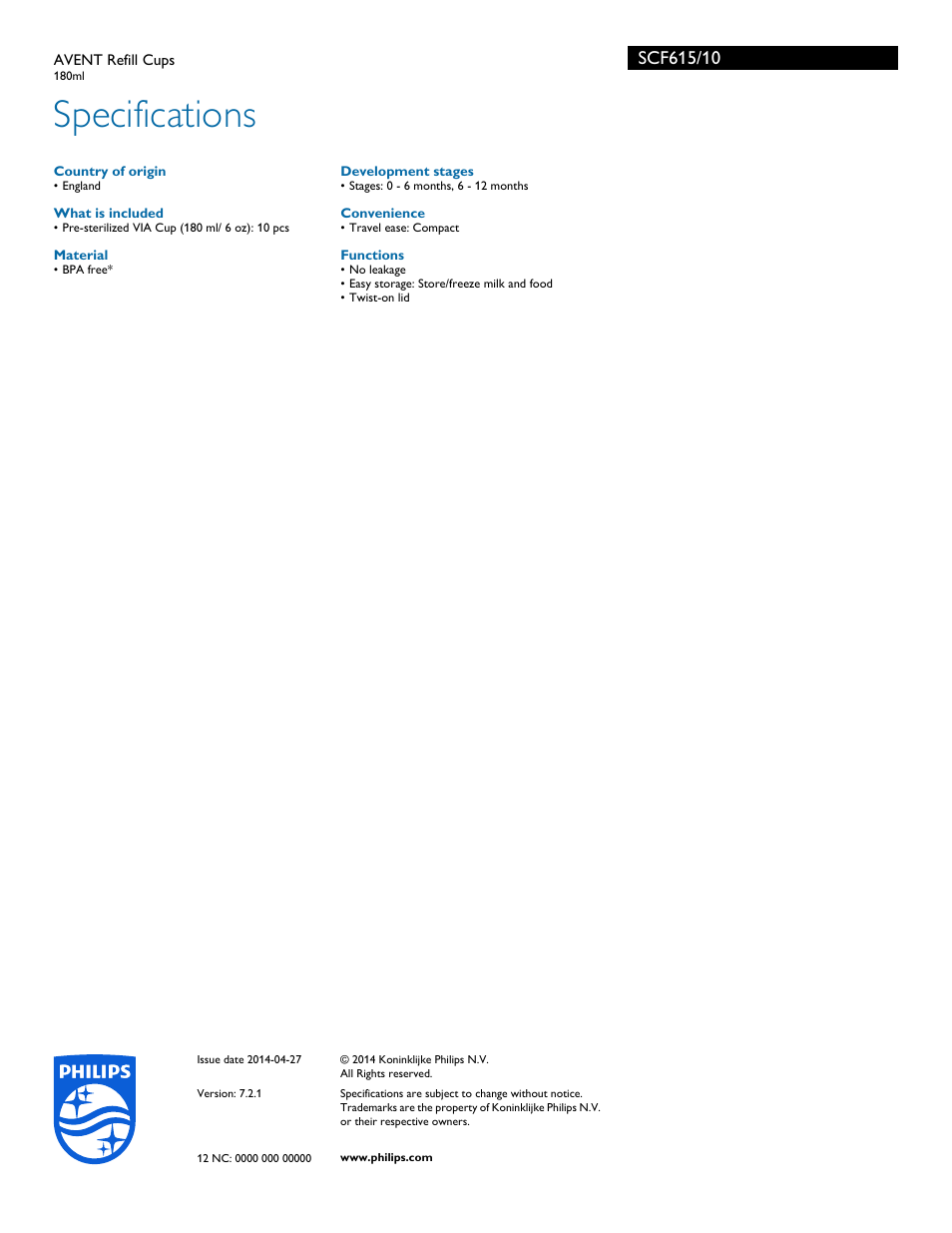 Specifications | Philips SCF615-10 User Manual | Page 2 / 2