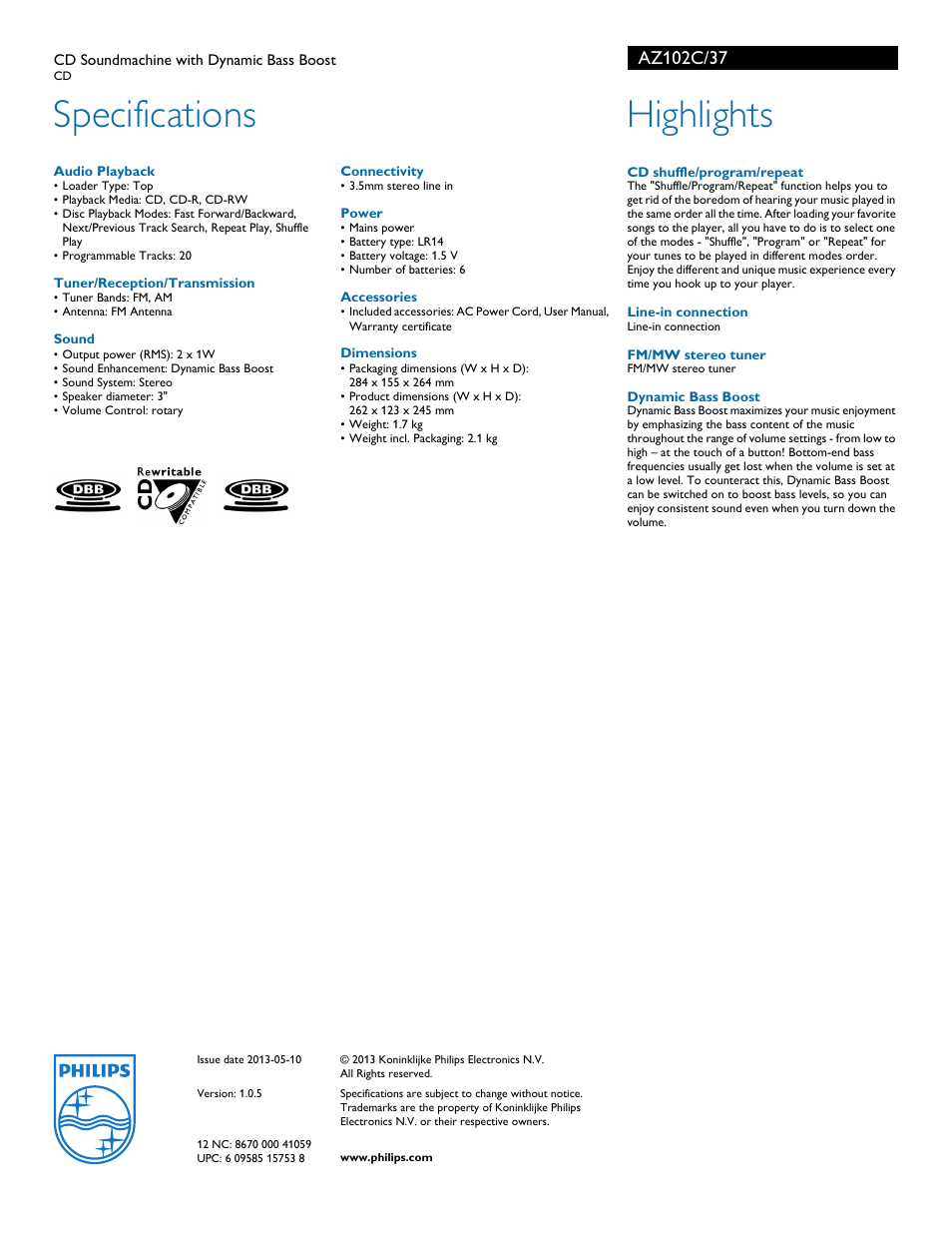 Specifications, Highlights | Philips AZ102C-37 User Manual | Page 2 / 2