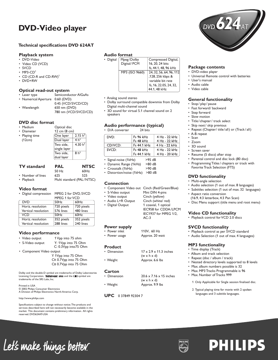 Dvd-video player, Dat at vd | Philips DVD624AT User Manual | Page 2 / 2