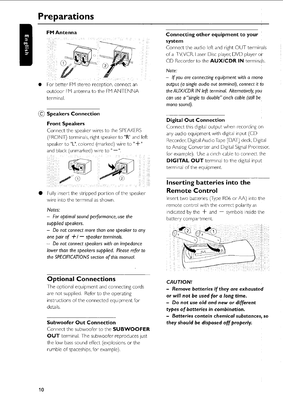 Preparations, Fm antenna, C) speakers connection | Front speakers, Connecting other equipment to your system, Digital out connection, Inserting batteries into the remote control, Optional connections, Subwoofer out connection | Philips MC5037 User Manual | Page 10 / 84