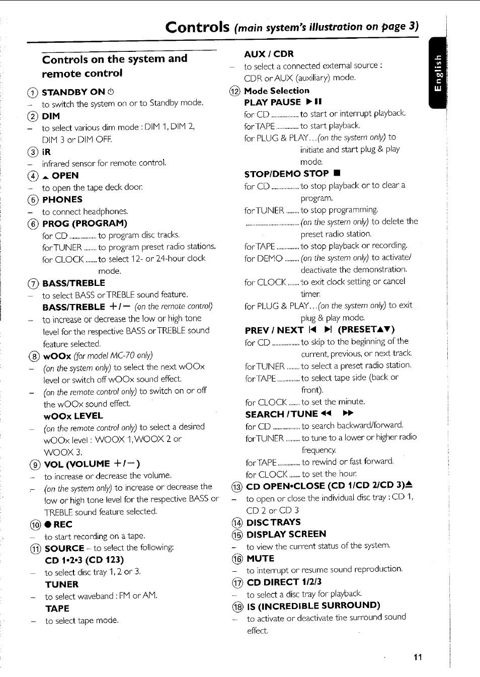 Controls on the system and remote control, Standby on 6, Open | Prog (program), Bass/treble, Vol (volume +/-), Tuner, Tape, Aux/cdr, Stop/demo stop | Philips MC5037 User Manual | Page 11 / 84