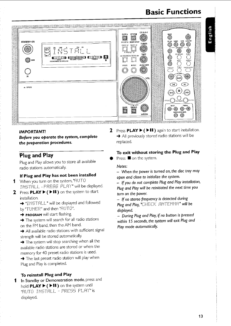 To reinstall plug and play, To exit without storing the plug and play, Basic functions | Plug and play | Philips MC5037 User Manual | Page 13 / 84