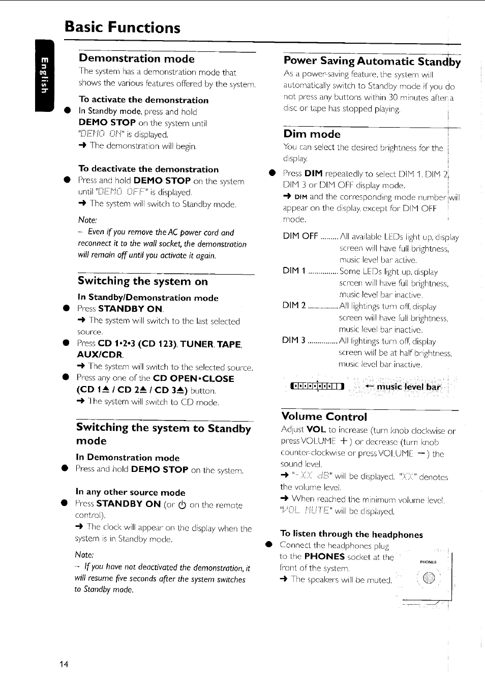 Demonstration mode, To activate the demonstration, To deactivate the demonstration | Switching the system on, Switching the system to standby mode, In demonstration mode, In any other source mode, Power saving automatic standby, Dim mode, I i music level bar | Philips MC5037 User Manual | Page 14 / 84