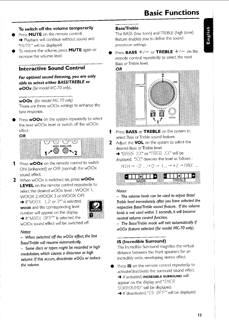 To switch off the volume temporarily, Interactive sound control, Bass/treble | Is (incredible surround), Basic functions, A n i'i ii p am^itd | Philips MC5037 User Manual | Page 15 / 84