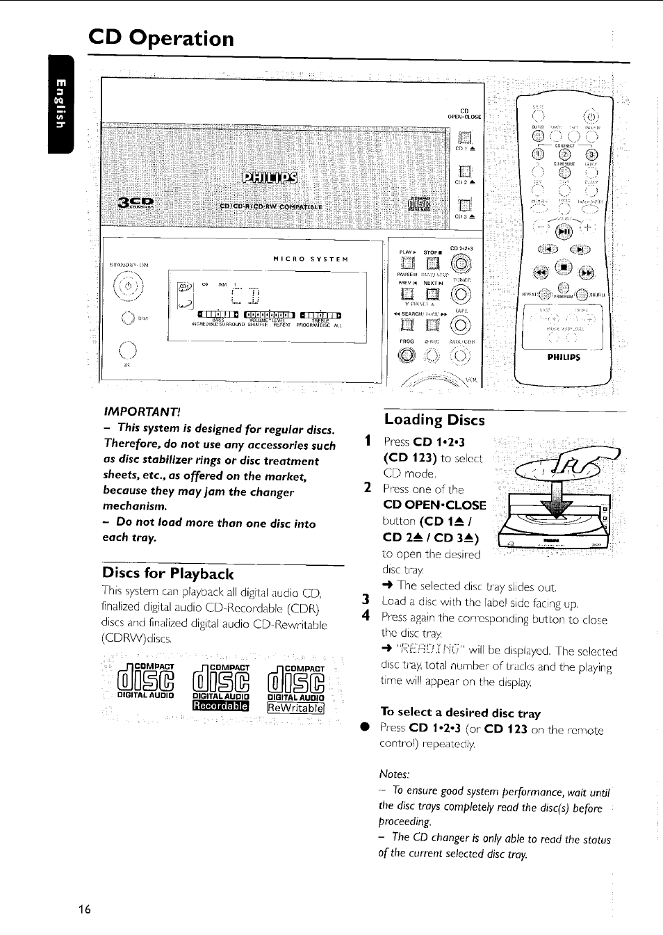 Discs for playback, Loading discs, To select a desired disc tray | Loading disc, Id§© (ojd§[g, Cd operation | Philips MC5037 User Manual | Page 16 / 84