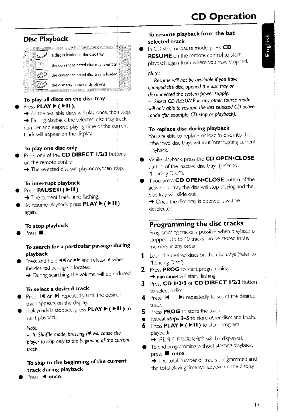 Disc playback, To play all discs on the disc tray, To play one disc only | To interrupt playback, To stop playback, To search for a particular passage during playback, To select a desired track, To resume playback from the last selected track, To replace disc during playback, Programming the disc tracks | Philips MC5037 User Manual | Page 17 / 84