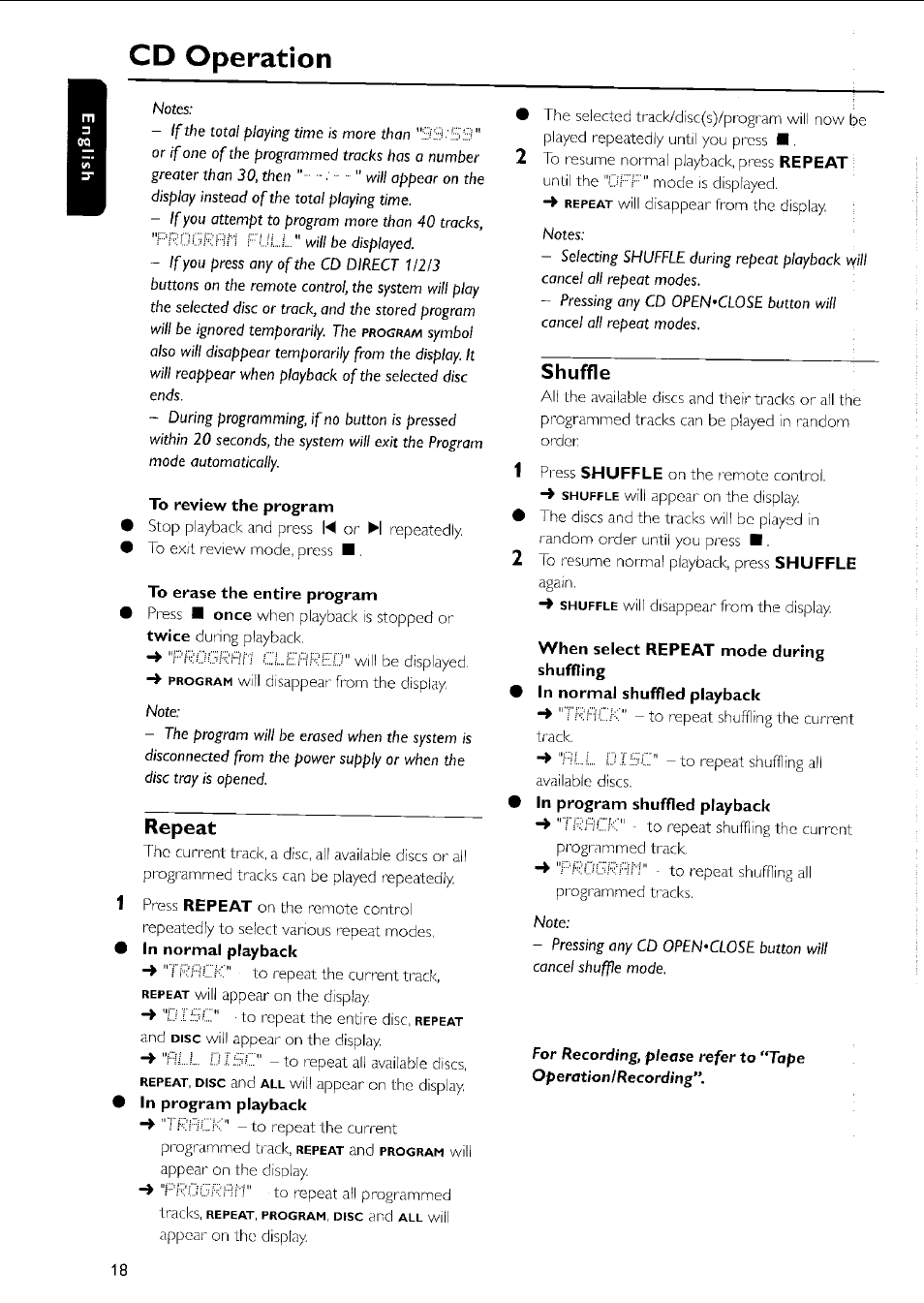 To review the program, To erase the entire program, Repeat | Shuffle, When select repeat mode during shuffling, 9 in normal shuffled playback, 9 in program shuffled playback, Cd operation | Philips MC5037 User Manual | Page 18 / 84