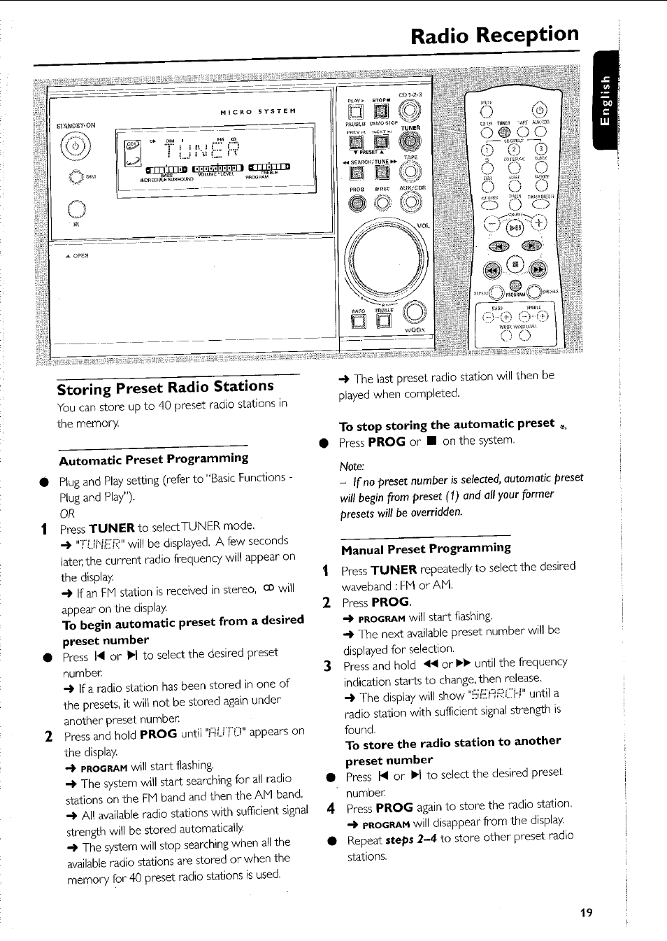 Radío reception, Storing preset radio stations, Automatic preset programming | To stop storing the automatic preset, Manual preset programming, Storing preset radio stations —20 | Philips MC5037 User Manual | Page 19 / 84