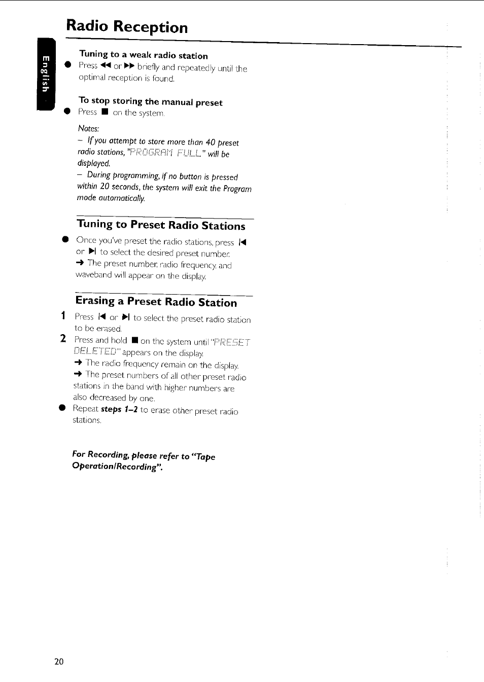 Radío reception, Tuning to a weak radio station, To stop storing the manual preset | Tuning to preset radio stations, Erasing a preset radio station | Philips MC5037 User Manual | Page 20 / 84