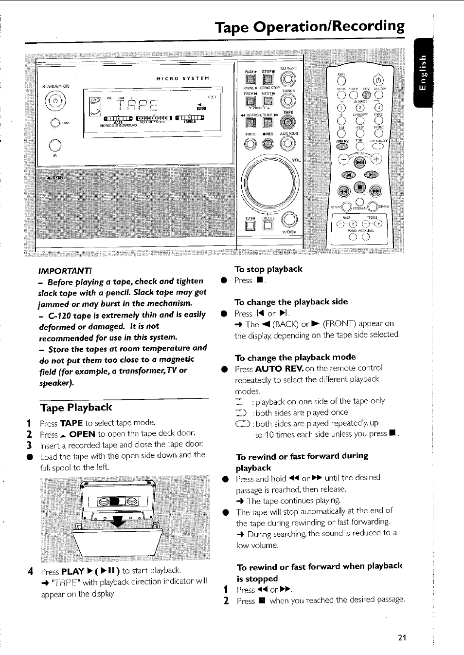 Tape playback, To stop playback, To change the playback side | To change the playback mode, To rewind or fast forward during playback, To rewind or fast forward when playback is stopped, Tape playback -22, Uzz3, Tape operation/recording | Philips MC5037 User Manual | Page 21 / 84