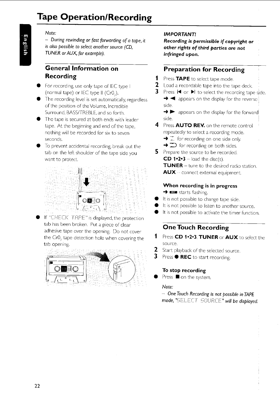 General information on recording, Hlid, Preparation for recording | When recording is in progress, One touch recording, To stop recording, Tape operation/recording | Philips MC5037 User Manual | Page 22 / 84