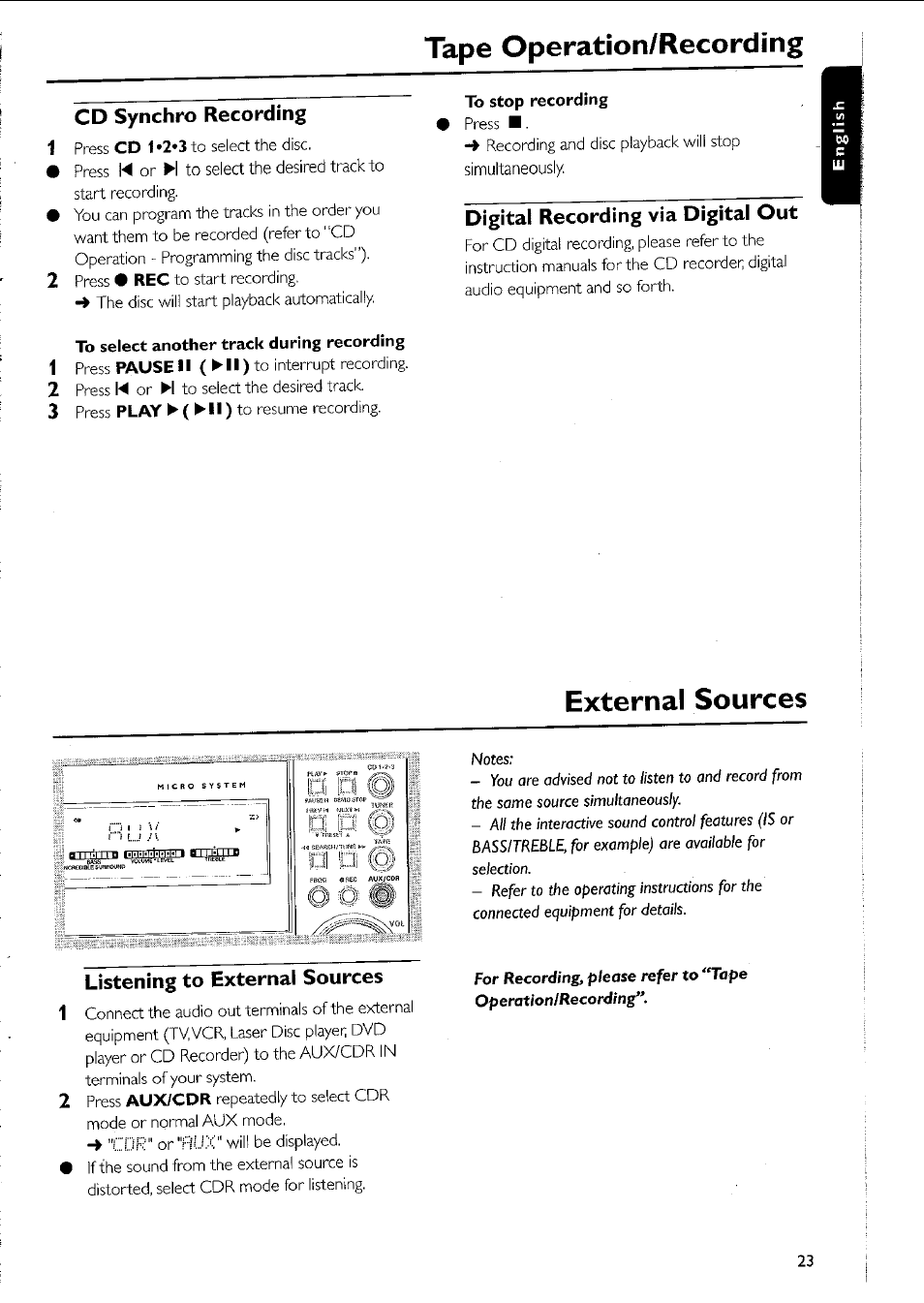 Cd synchro recording, To select another track during recording, Lb stop recording | Digital recording via digital out, External sources, Listening to external sources, Tape operation/recording | Philips MC5037 User Manual | Page 23 / 84