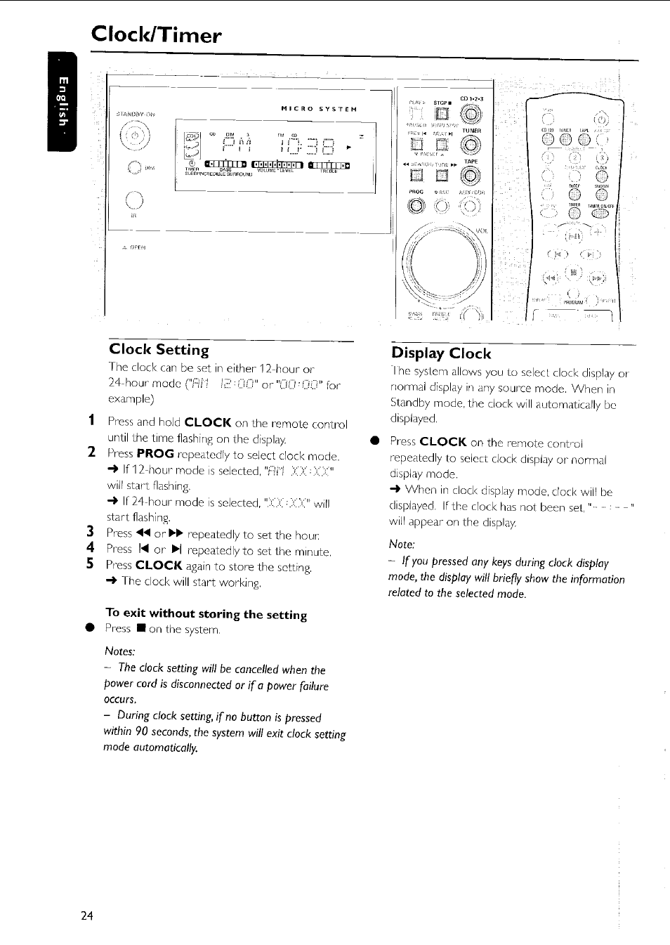Clock setting, To exit without storing the setting, Display clock | Clocl</timer | Philips MC5037 User Manual | Page 24 / 84