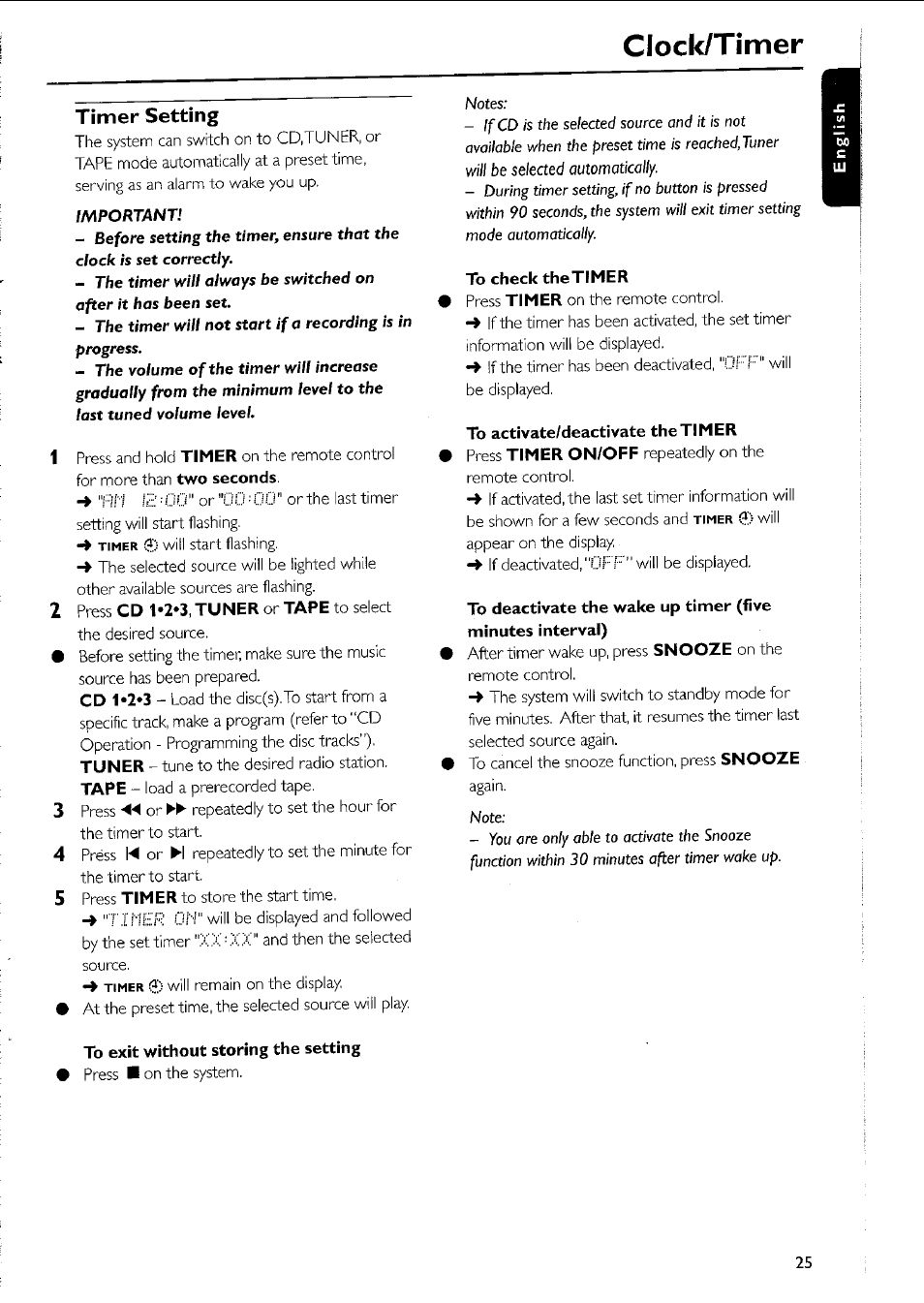 Timer setting, To exit without storing the setting, To check the timer | To activate/deactivate the timer, Clock/timer | Philips MC5037 User Manual | Page 25 / 84