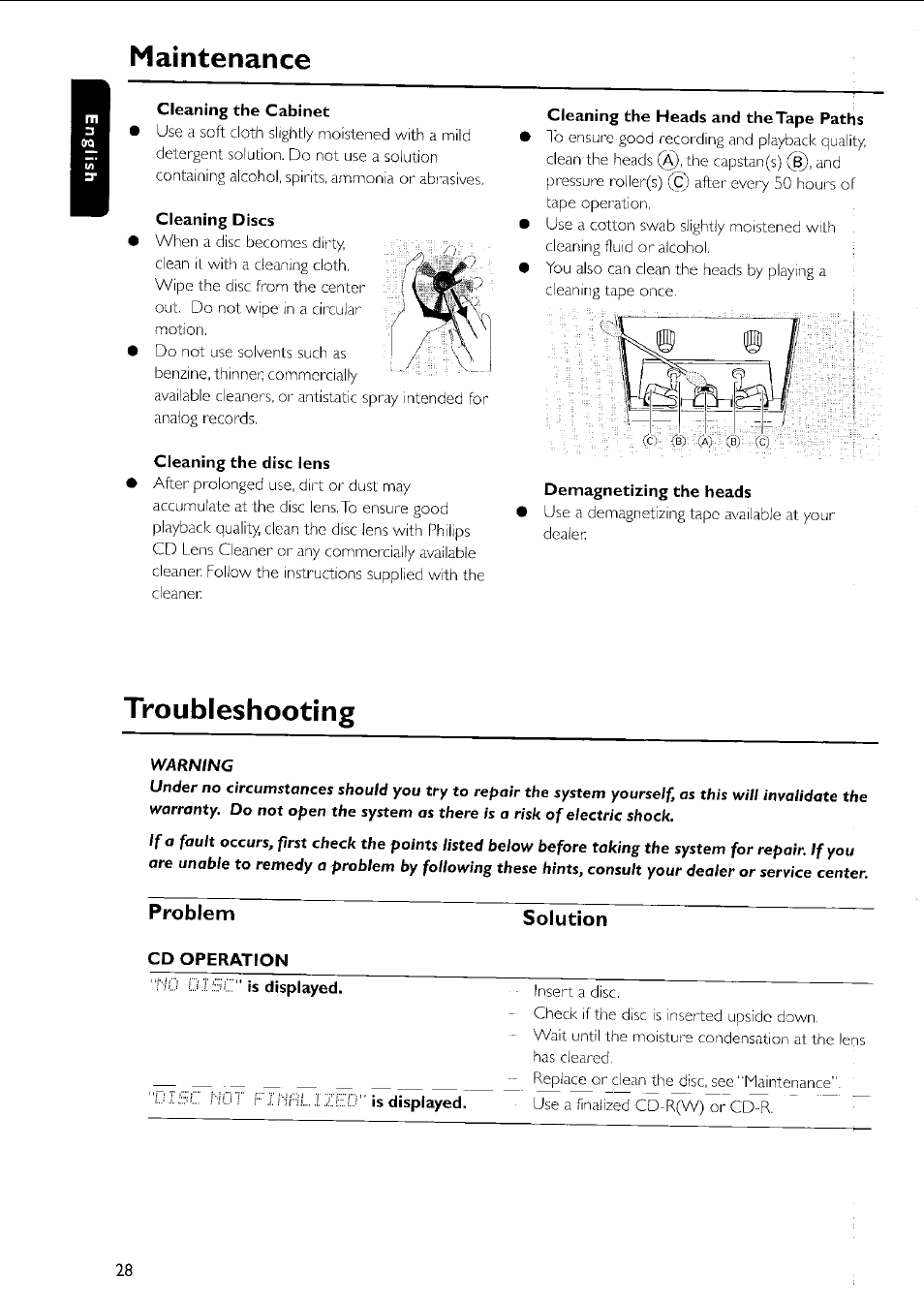 Maintenance, Cleaning the cabinet, Cleaning discs | Cleaning the disc lens, Cleaning the heads and the tape paths, Demagnetizing the heads, Troubleshooting, Problem, Solution, Cd operation | Philips MC5037 User Manual | Page 28 / 84