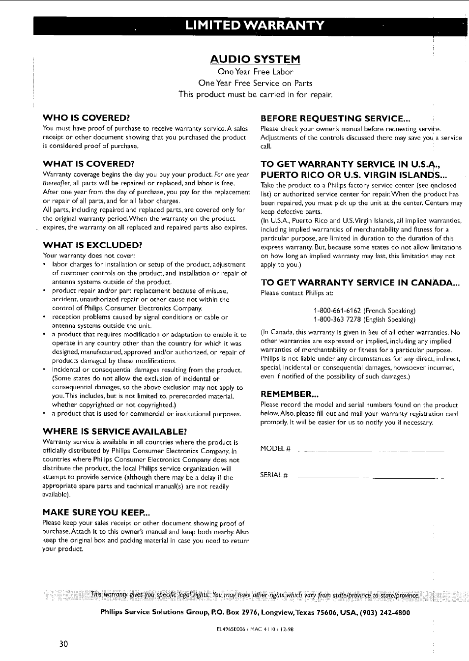 Who is covered, What is covered, What is excluded | Where is service available, Make sure you keep, Before requesting service, To get warranty service in canada, Remember, Limited warranty, Audio system | Philips MC5037 User Manual | Page 30 / 84
