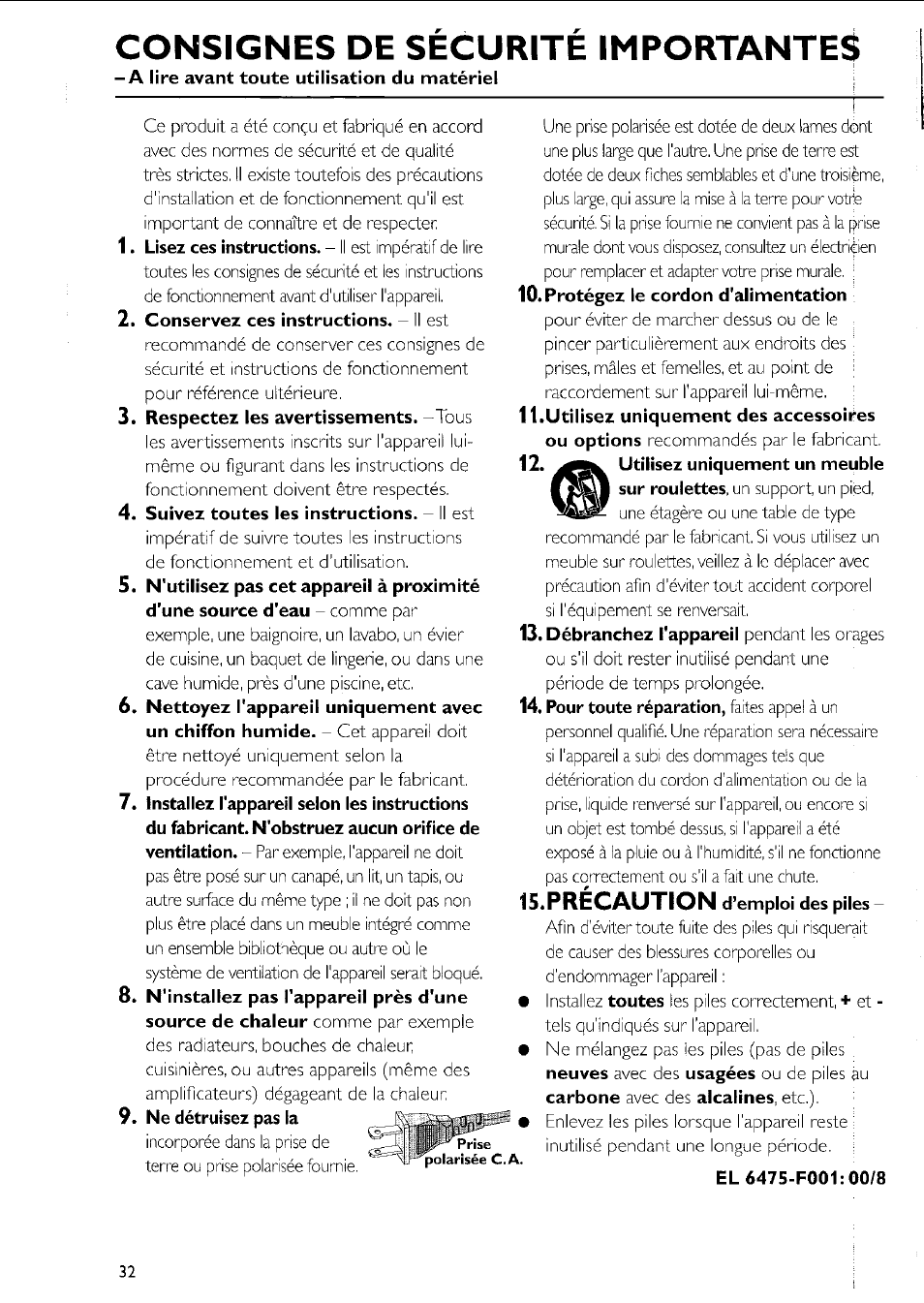 Consignes de securite importantes | Philips MC5037 User Manual | Page 32 / 84