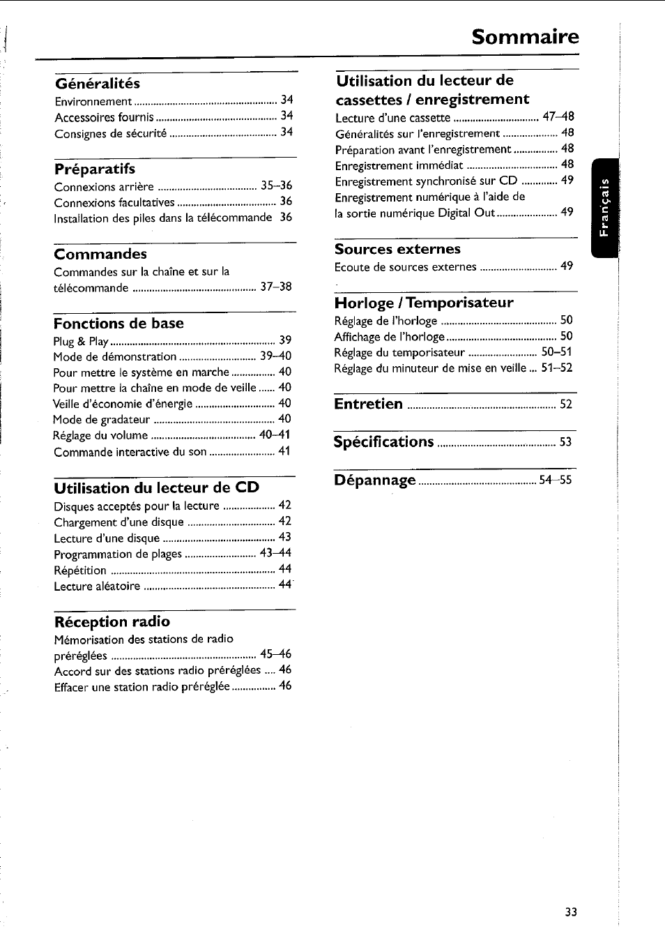 Sommaire, Généralités, Préparatifs | Commandes, Fonctions de base, Utilisation du lecteur de cd, Réception radio, Sources externes, Horloge / temporisateur, Entretien | Philips MC5037 User Manual | Page 33 / 84