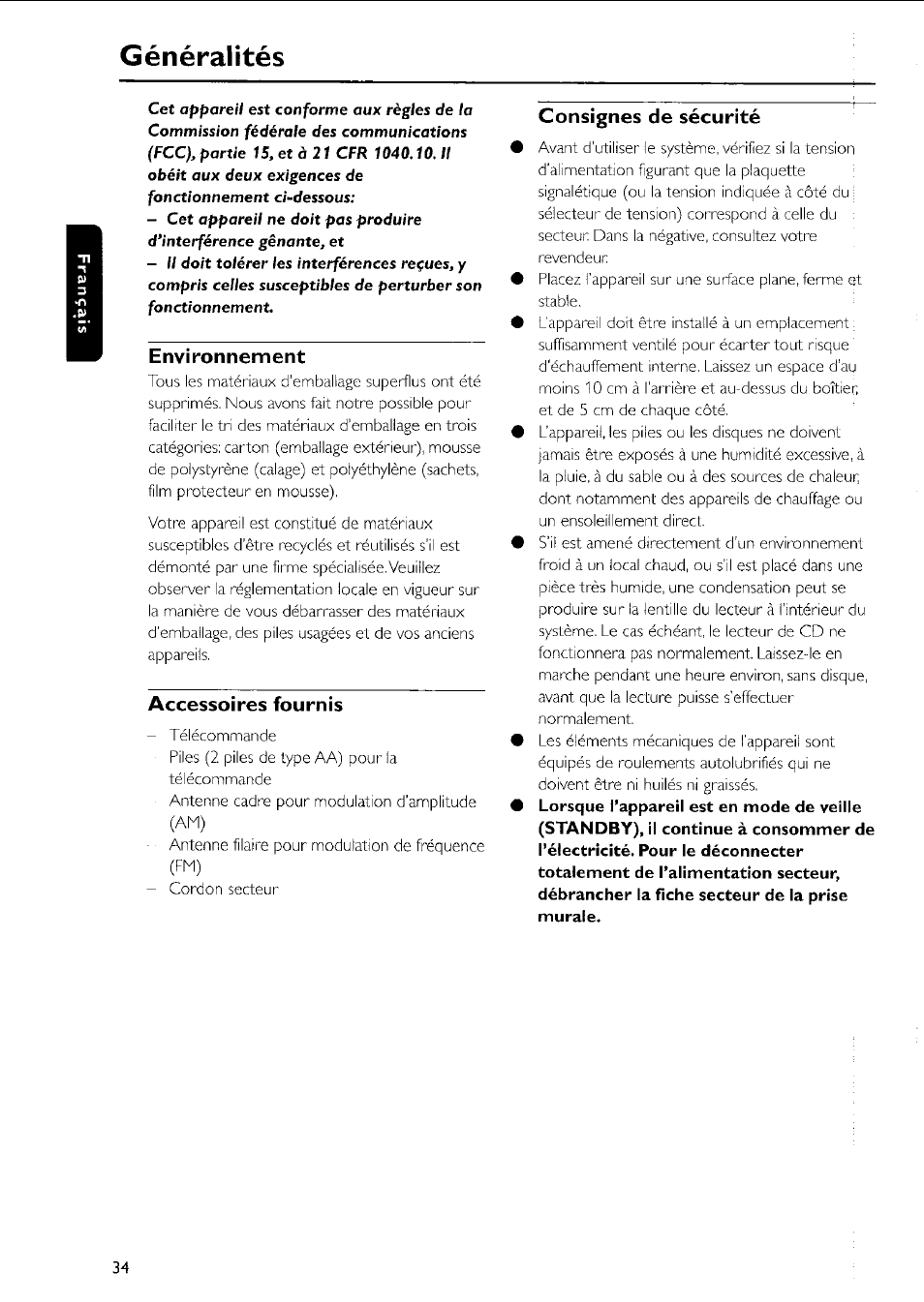 Généralités, Environnement, Accessoires fournis | Consignes de sécurité | Philips MC5037 User Manual | Page 34 / 84